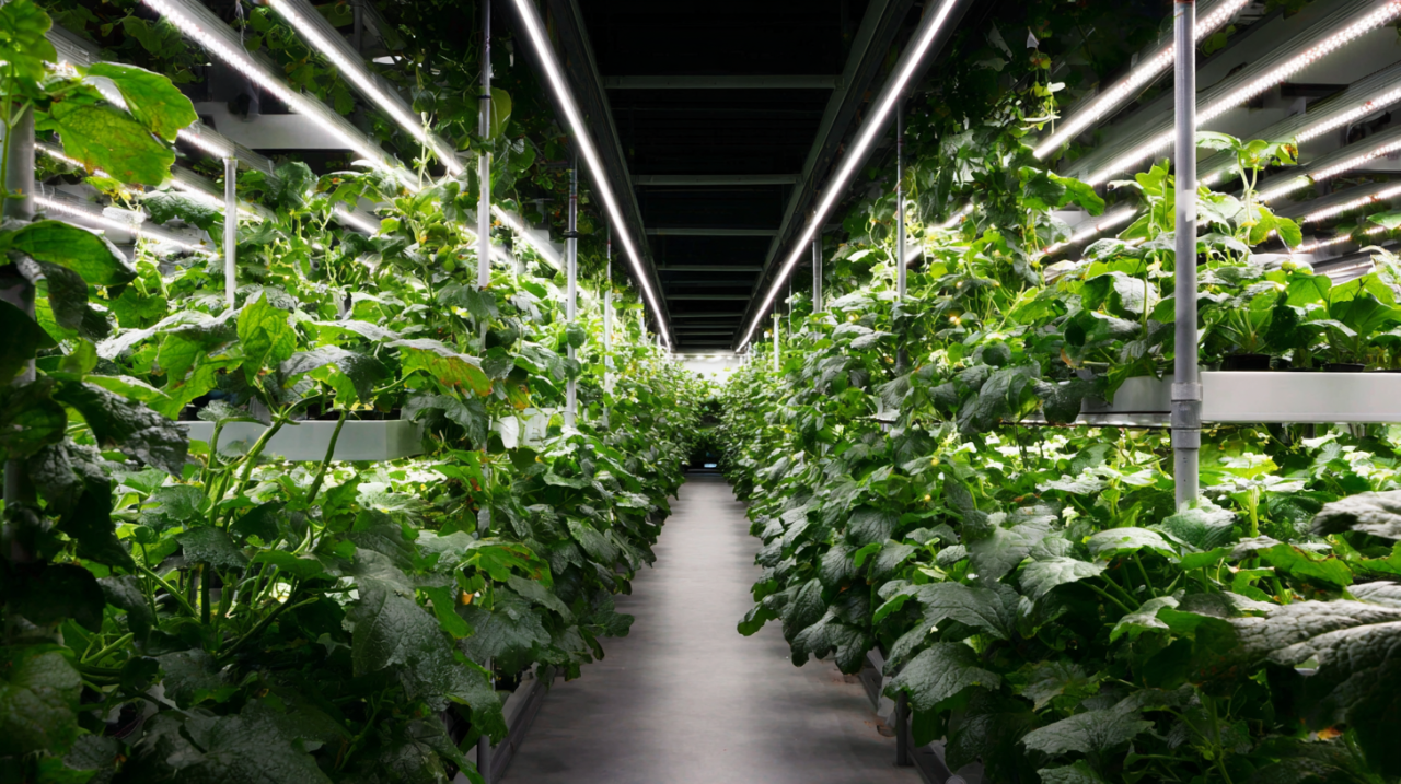 Rows of cucumber plants growing in a hydroponic vertical farm, illuminated by white LED bar lights