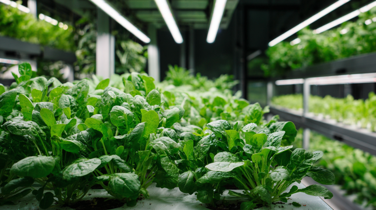 Rows of fresh baby spinach growing in a hydroponic vertical farm, illuminated by white LED grow lights