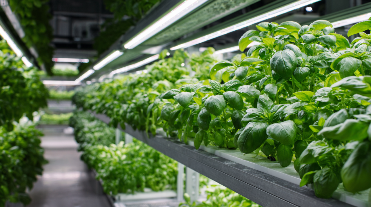 Basil plants under LED grow lighting in a controlled environment greenhouse, showing healthy dark green foliage