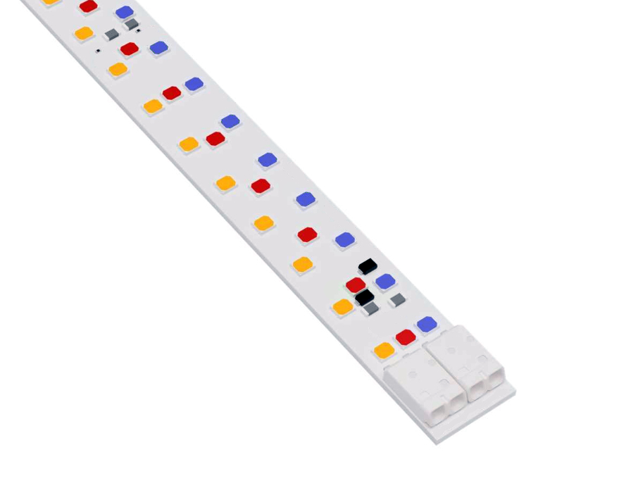 Alt text: Custom multi-channel horticulture LED module on aluminium PCB substrate showing red, white and blue LED components for spectrum-tunable plant growth lighting