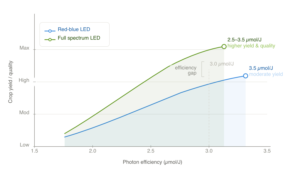Photon efficacy full spectrum vs red blue grow lights