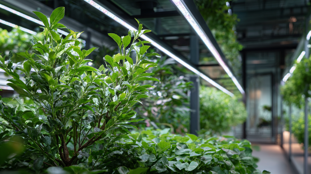 Horticulture LED lighting system in a commercial greenhouse        with custom LED modules above crop canopy