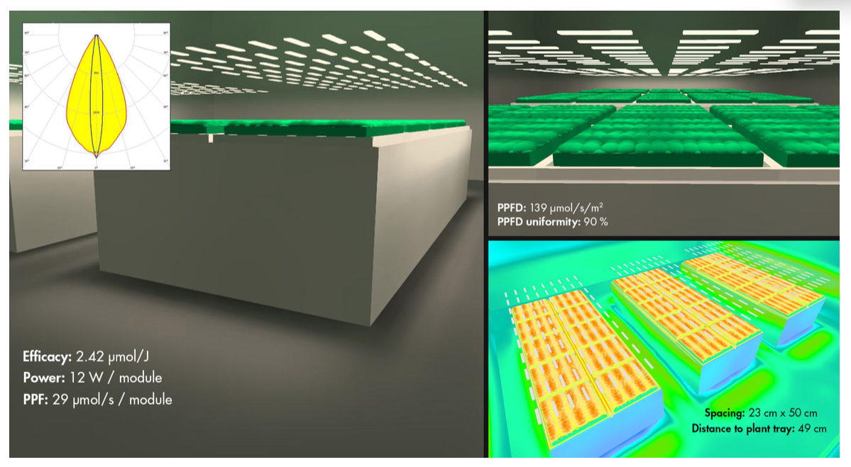 In vertical farming, optical geometry becomes critical because short fixture distances amplify hotspots and tray-edge PPFD gradients.