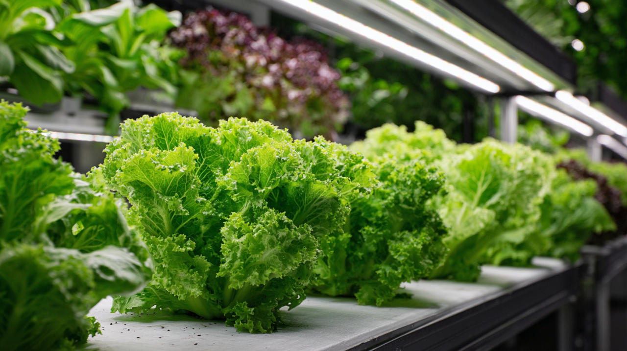 Lettuce growing under full-spectrum LED lighting in a vertical farm hydroponic system