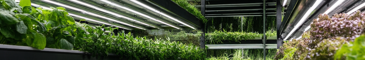 Horticulture LED lighting system in a commercial greenhouse        with custom LED modules above crop canopy
