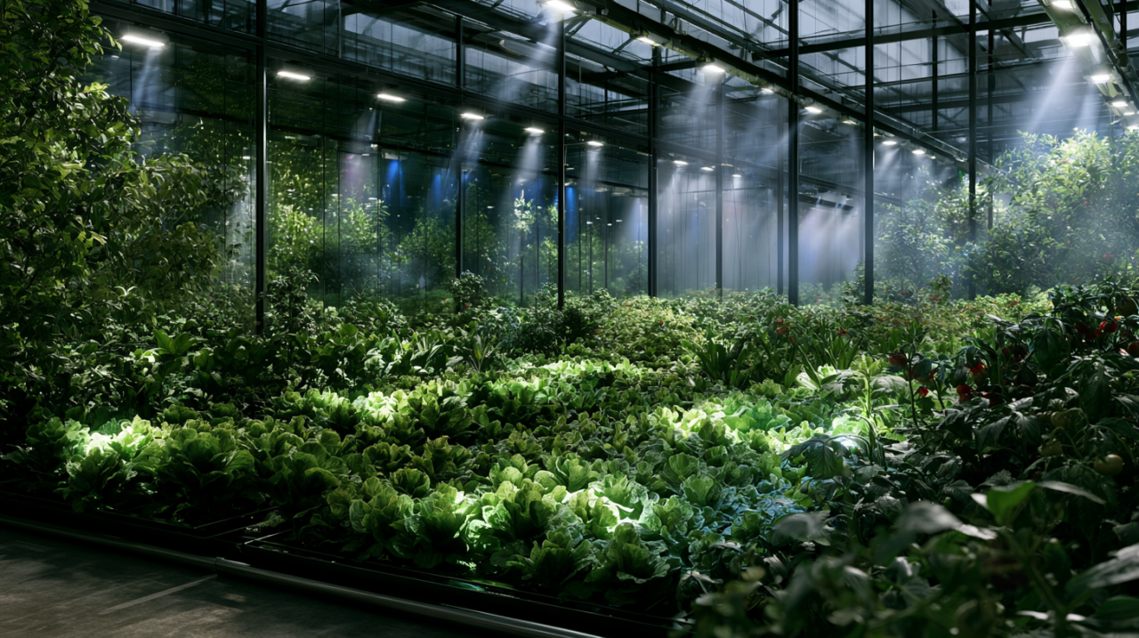 Optics in horticulture lighting improves lower-canopy photon penetration compared to highly directional beam strategies.