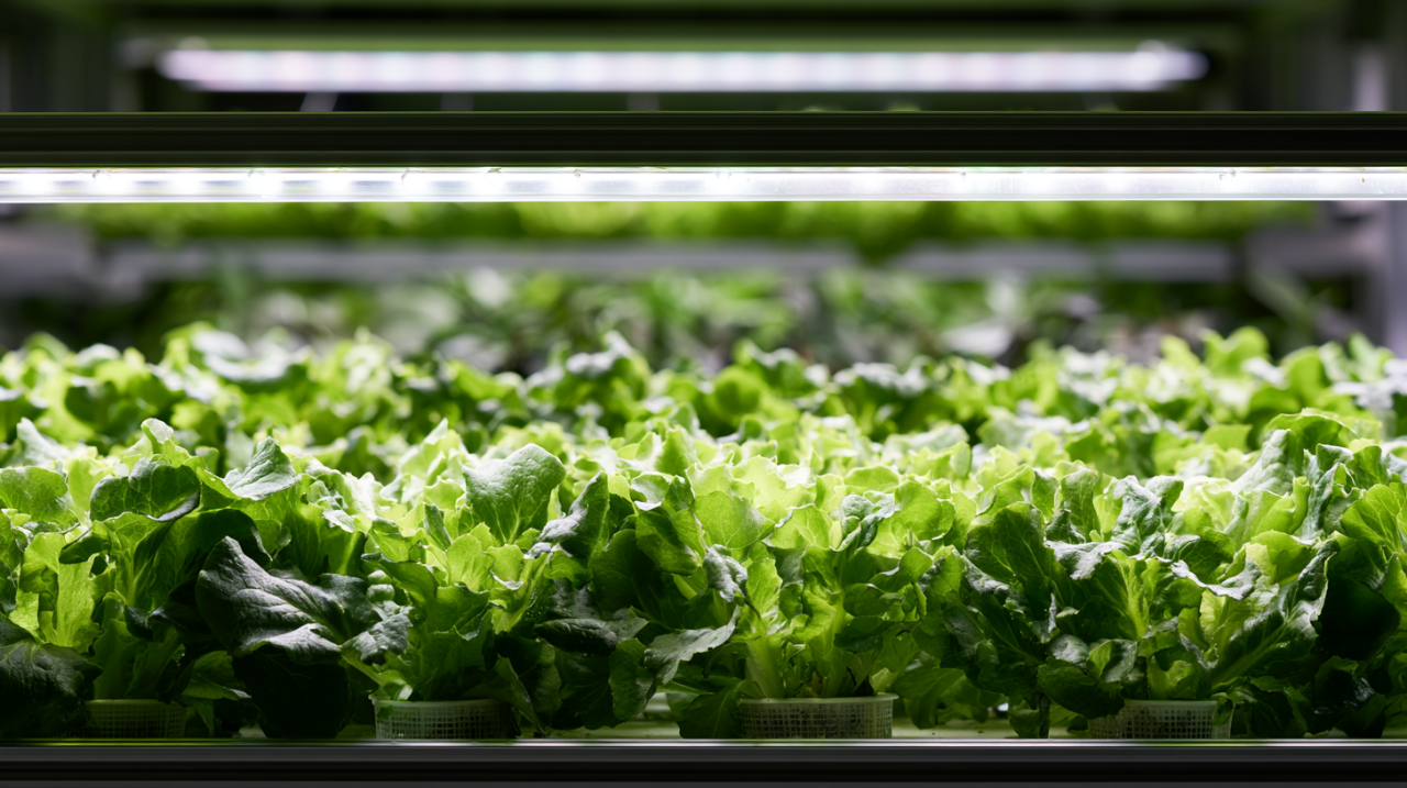 Close-canopy LED bar above lettuce tier