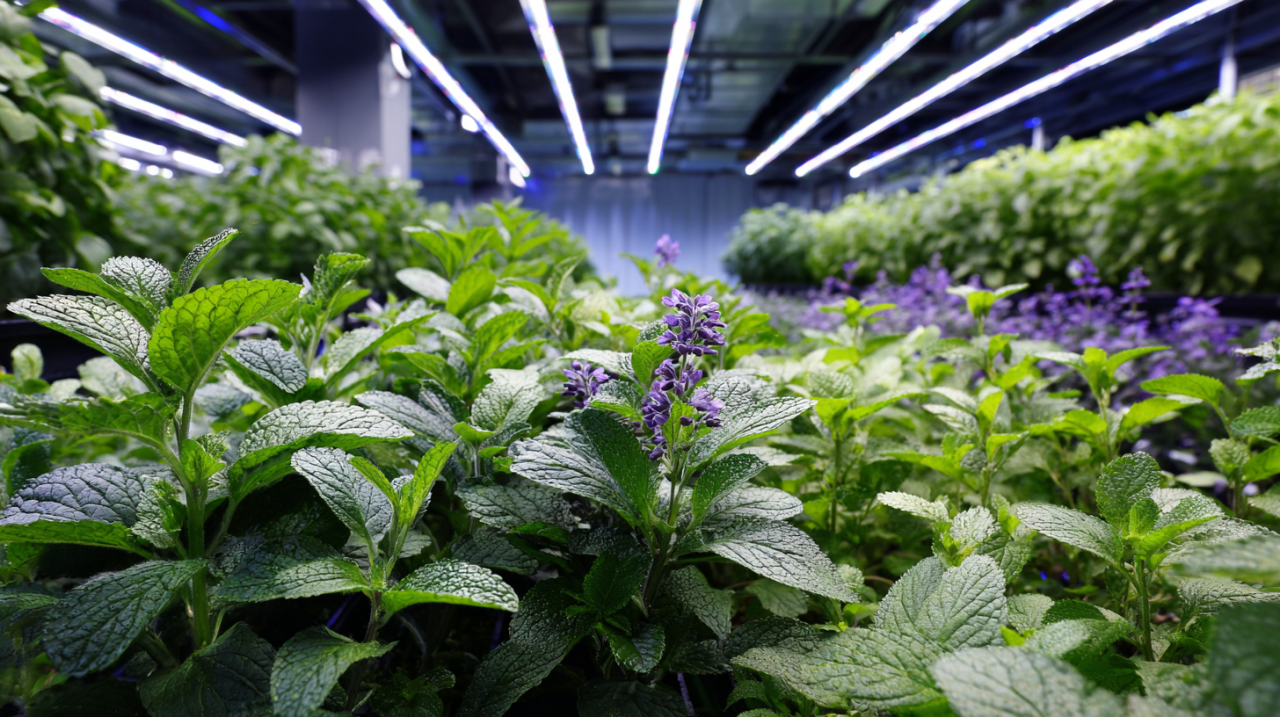 Medicinal herb plants including lavender and mint growing under blue-enriched LED lighting in a controlled indoor grow room