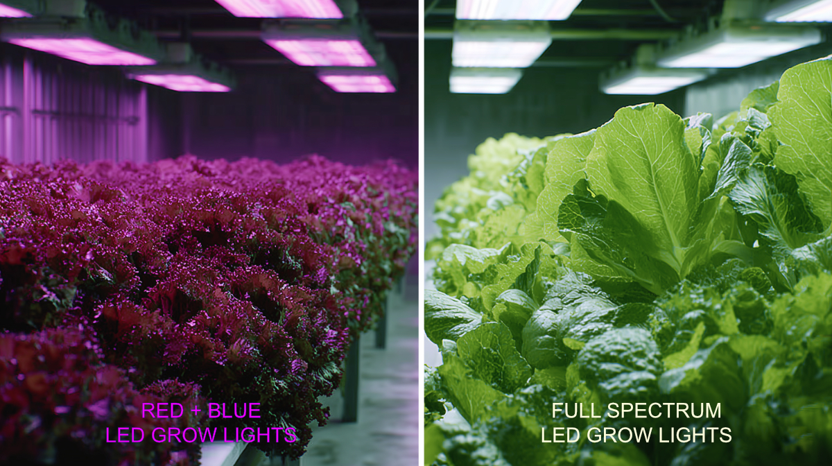 Lettuce grown under red and blue LED grow lights compared to full spectrum white LED lighting showing differences in plant color and canopy structure.