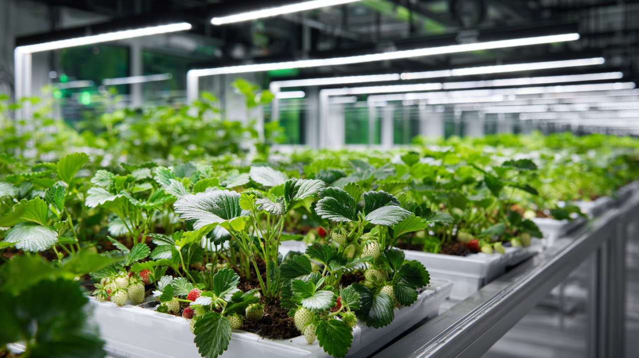 Strawberry propagules in a plant factory with artificial lighting, growing under white LED bars in neat hydroponic trays