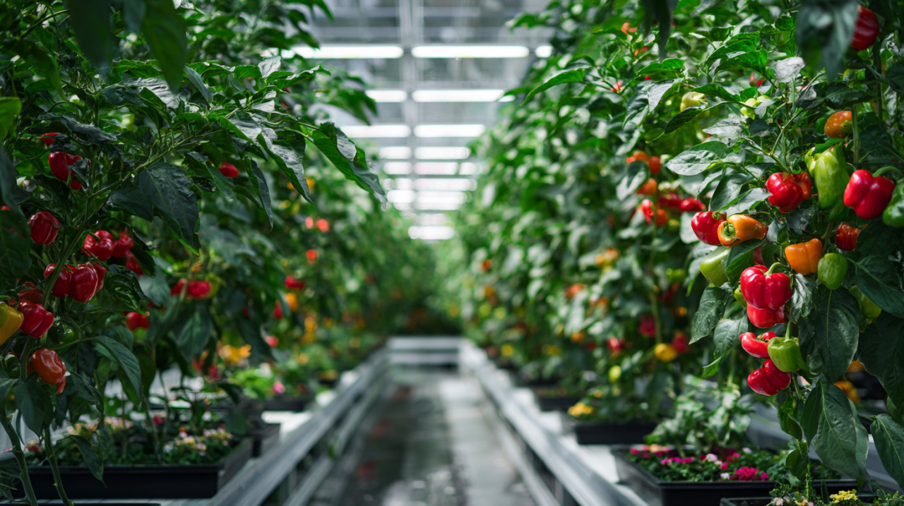 Sweet pepper plants at fruiting stage in a greenhouse under LED grow lights, red and yellow peppers visible under warm LED spectrum