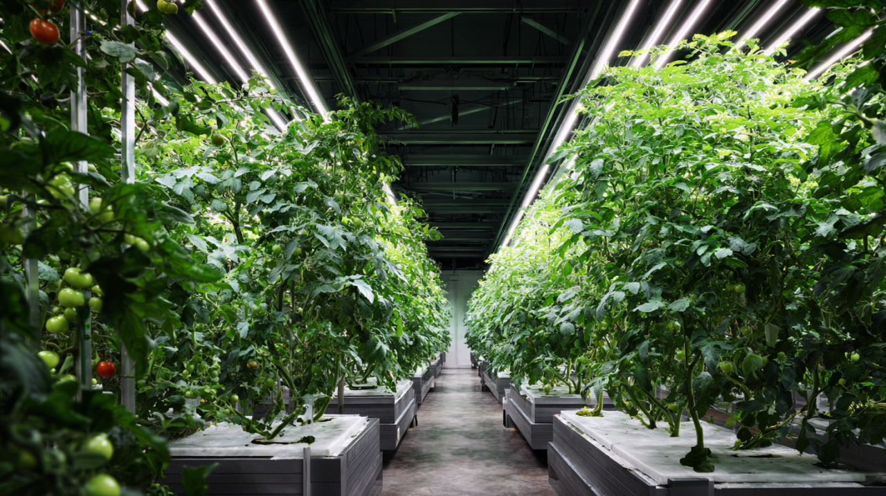 High-wire tomato greenhouse with LED inter-lighting bars between crop rows, red and white LED spectrum visible on foliage and fruit