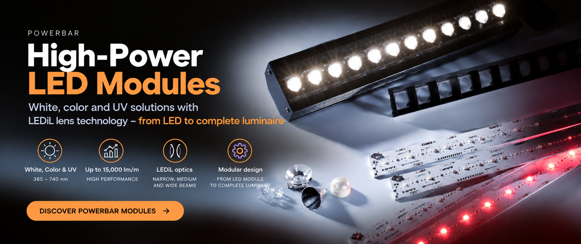 PowerBar high-power LED modules for white, color and UV lighting with LEDiL optics, modular boards and complete luminaire solutions