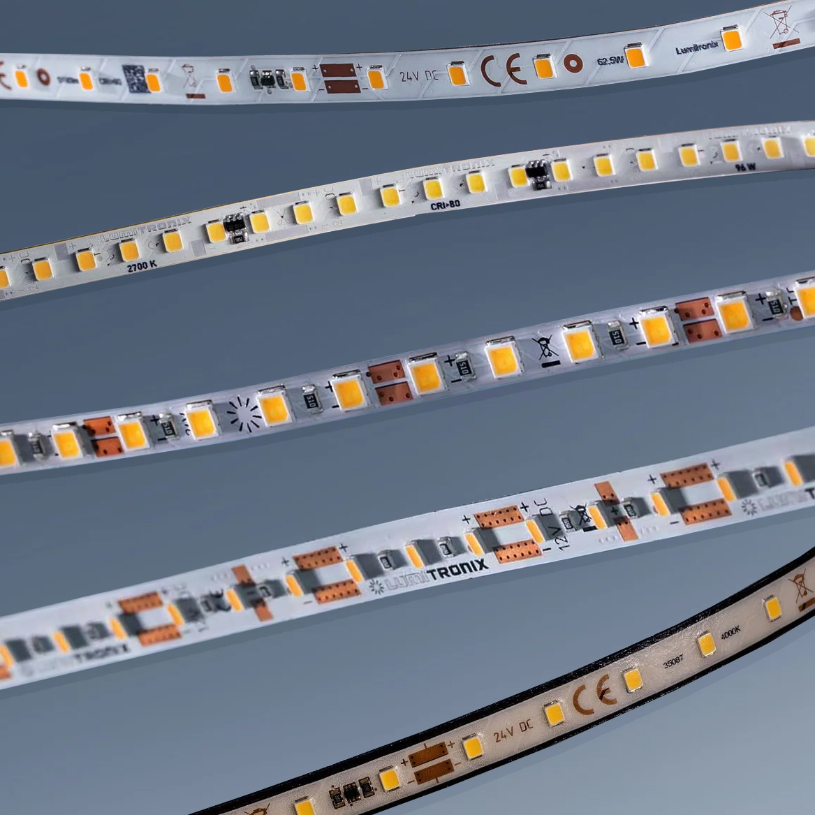 Custom Made LumiFlex Flexible White LED Strip, Made in Germany, Nichia/Cree/Samsung/Seoul LEDs, 12/24/48V, up to 50m length & 5-20mm width