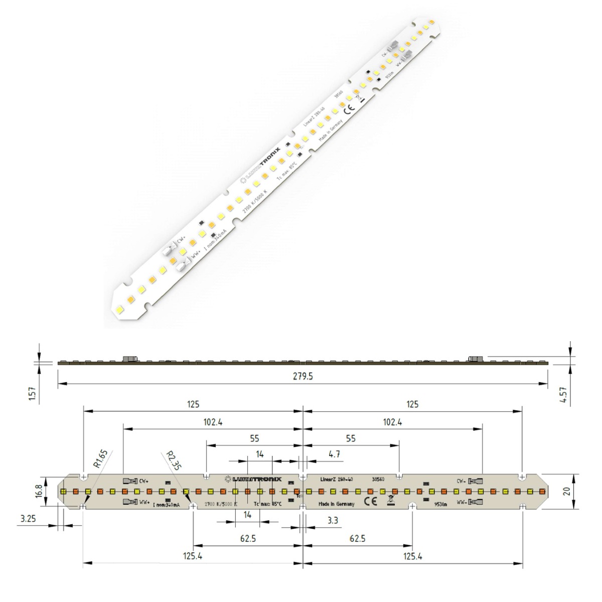 LumiBar-28 Multicolor Configurable 2-channel Plug & Play, TW, Dynasolis, Two Color LED module Zhaga, 28x2 cm, Made in Germany