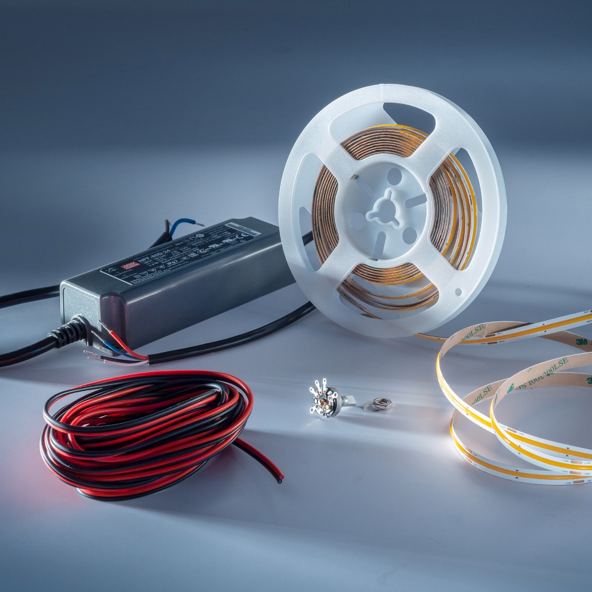 Starter-Kit LumiFlex COB LED Strip with continuous light warm white CRI90 2700K 5690lm 24V 5m reel with driver and dimmer