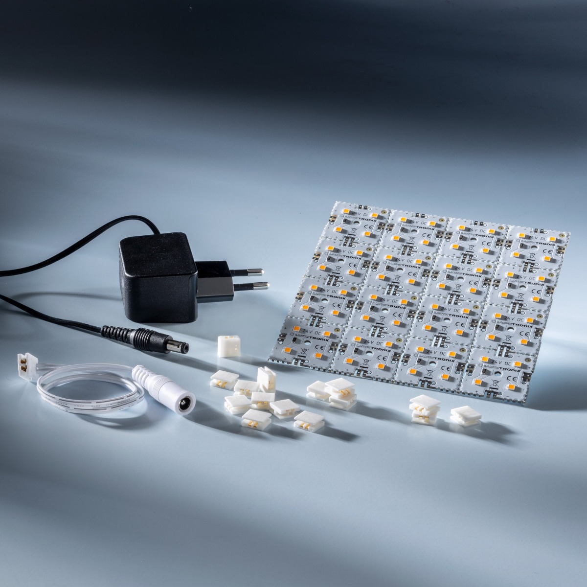 Plug&Play Starter-Set 16x Nichia LED Backlight Module MatrixMini 4 LEDs 24V White 2700K 1088lm and 7.6W 12x12cm total with driver and cables