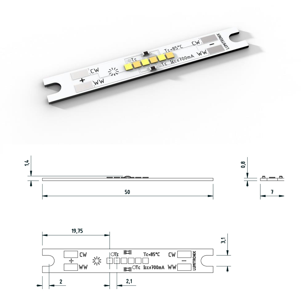 SmartArray-L6-TW Configurable  Nichia CSP LED Module 2 channel, TW, Dynasolis, Two Color, 6 LEDs, 50x7mm, Made in Germany (up to 675lm)